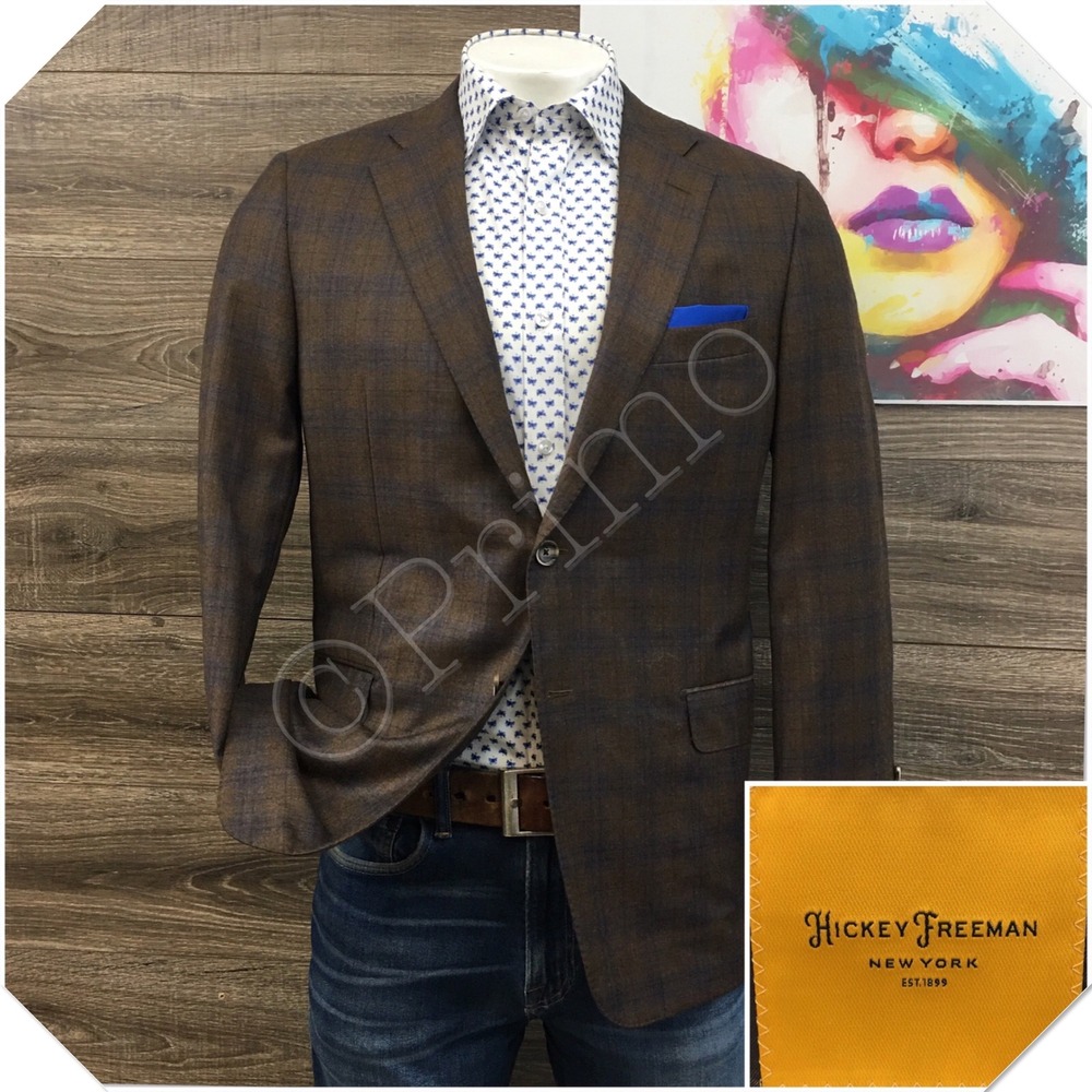 Hickey Freeman Mens Brown Plaid Wool Cashmere Beacon Blazer Sport Coat 42R